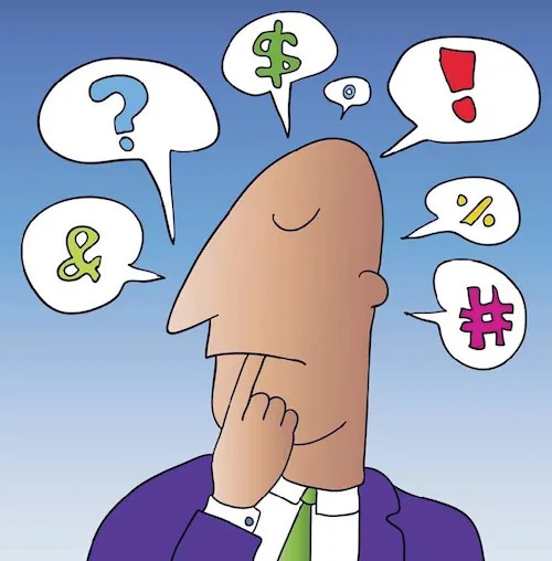 illustration of a man surrounded by thought bubbles with symbols in them like money sign, exclamation point, etc